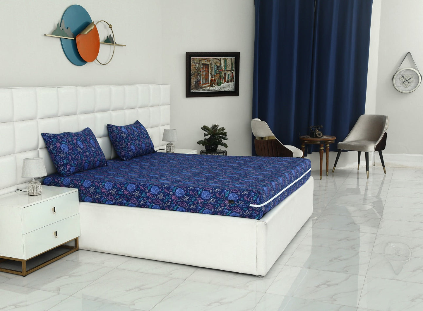 Zipper Mattress Cover Printed-Blue Lilly Protectors Apricot
