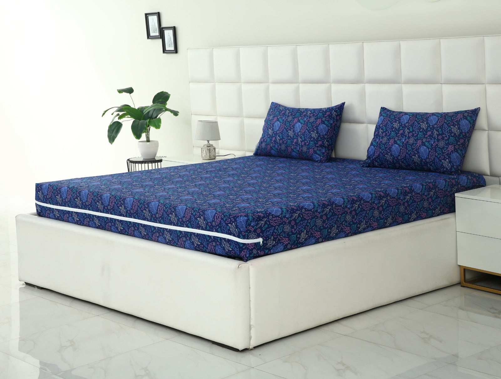 Zipper Mattress Cover Printed-Blue Lilly Protectors Apricot