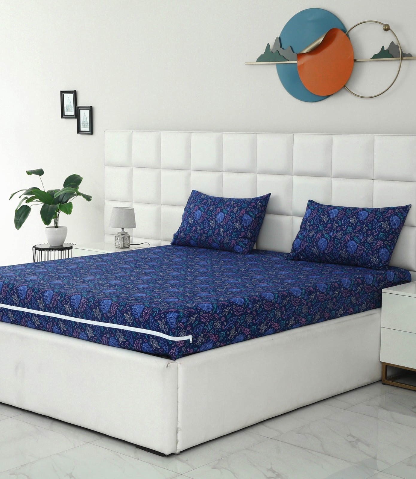 Zipper Mattress Cover Printed-Blue Lilly Protectors Apricot