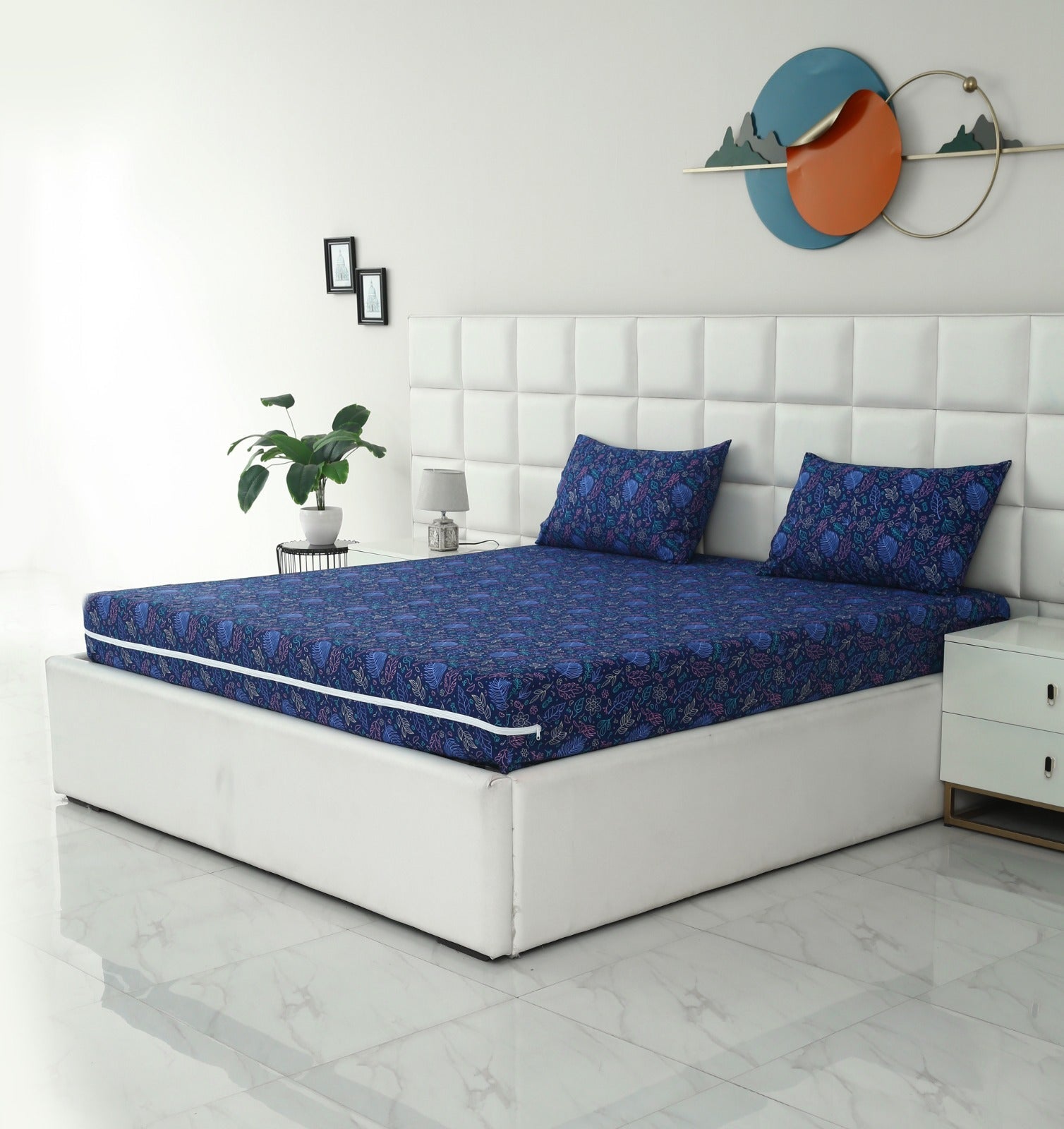 Zipper Mattress Cover Printed-Blue Lilly Protectors Apricot