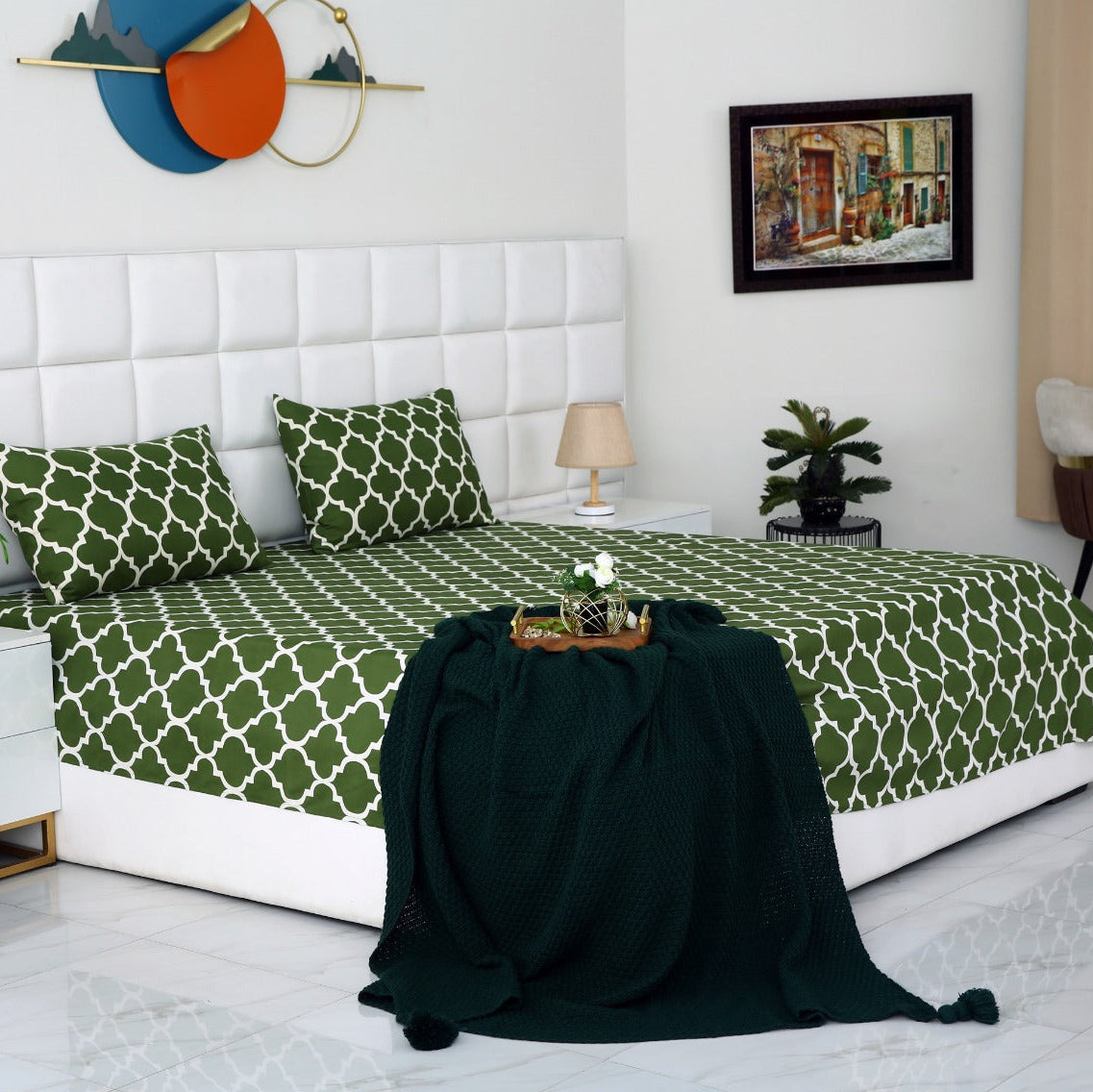 3 PCs Bed Sheet-Olive Geometric BED SHEET Apricot