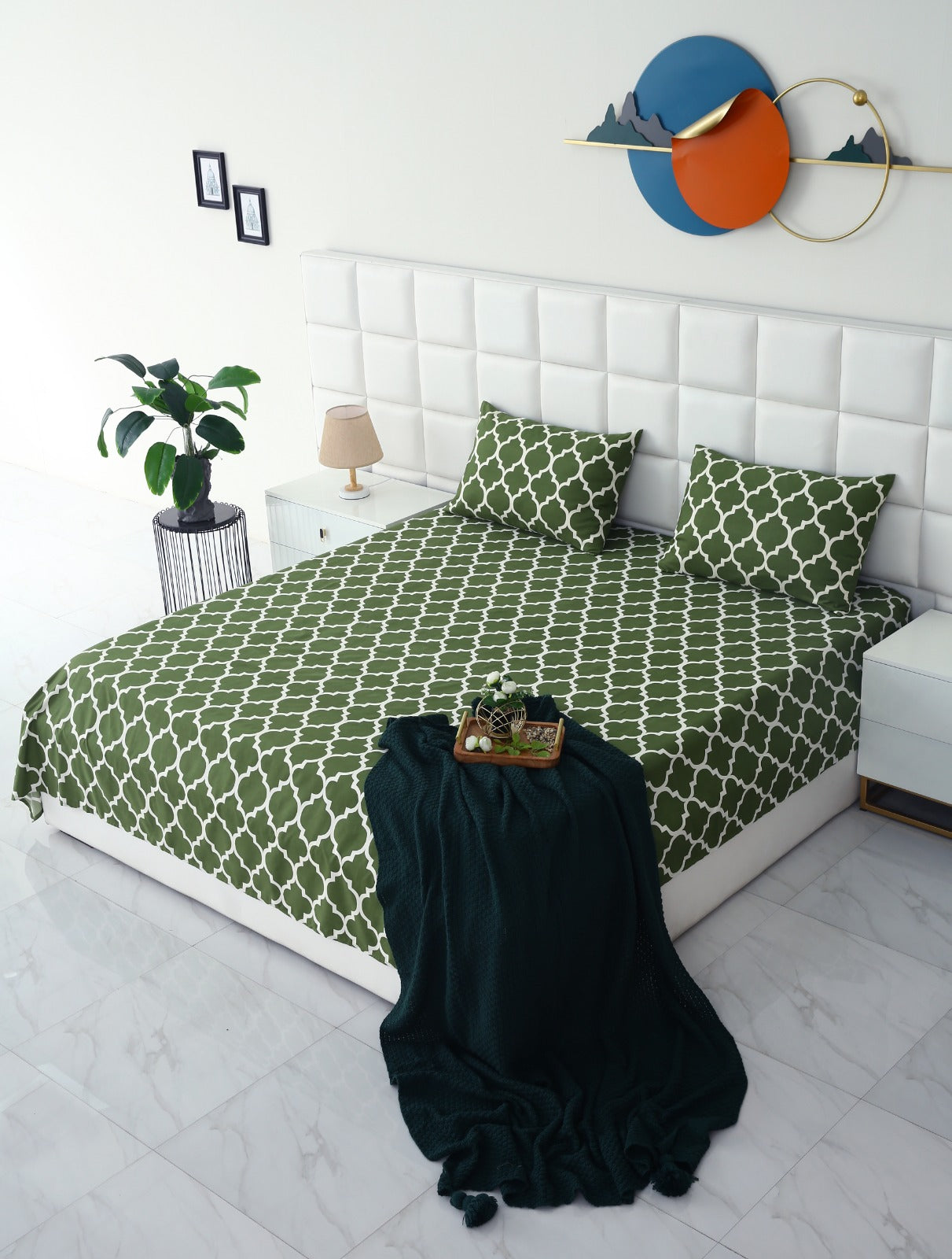 3 PCs Bed Sheet-Olive Geometric BED SHEET Apricot