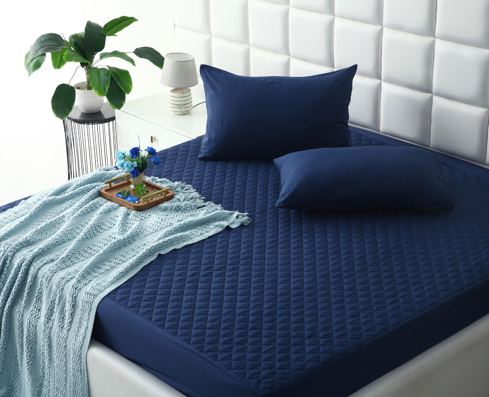 Quilted Waterproof Mattress Protector-Navy Blue Protectors Apricot