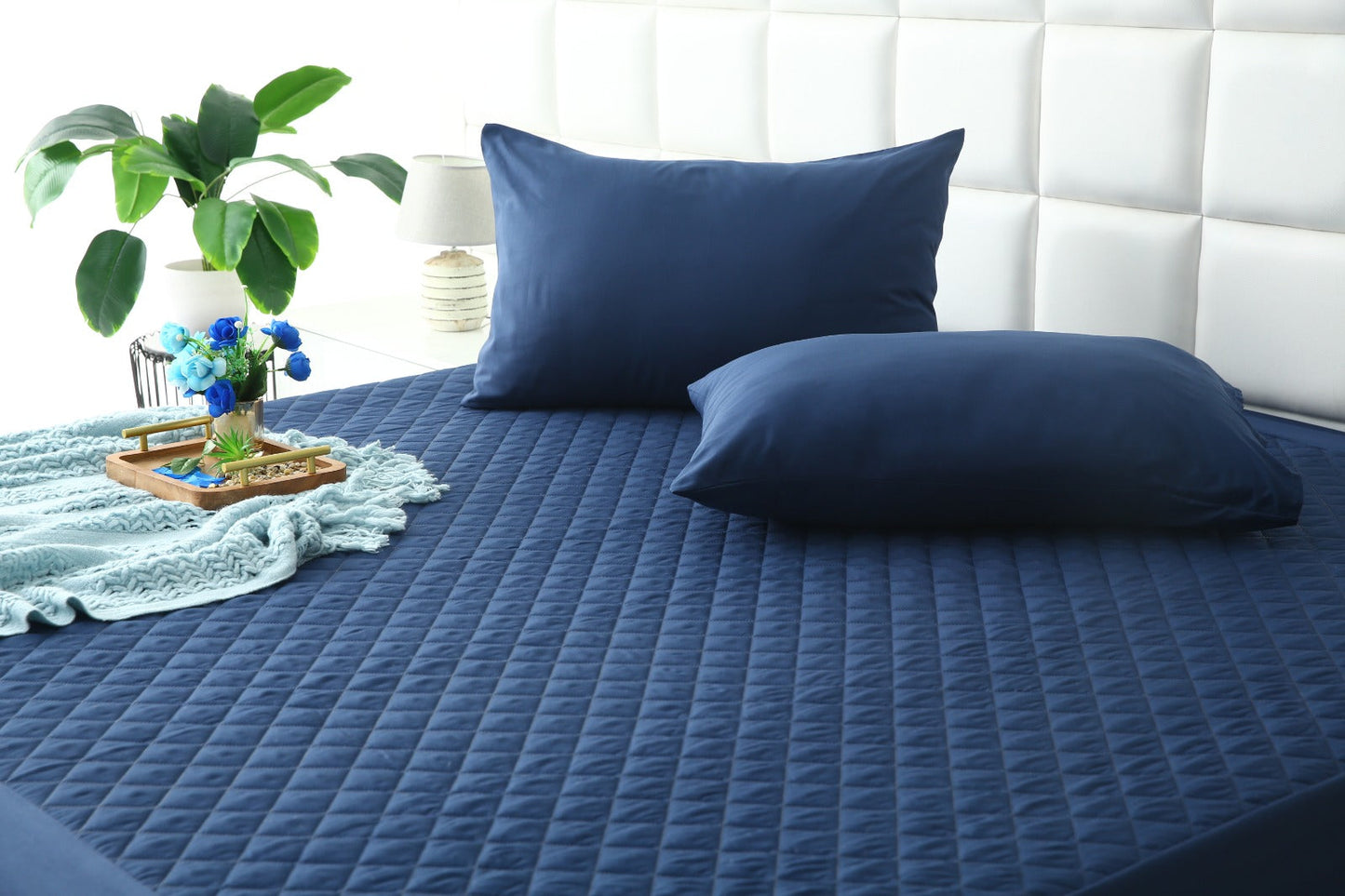 Quilted Waterproof Mattress Protector-Navy Blue Protectors Apricot