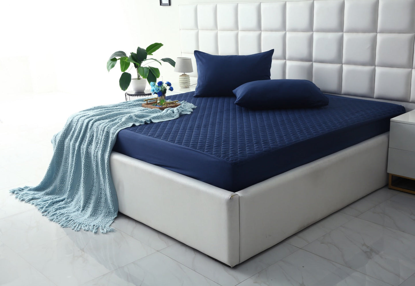 Quilted Waterproof Mattress Protector-Navy Blue Protectors Apricot