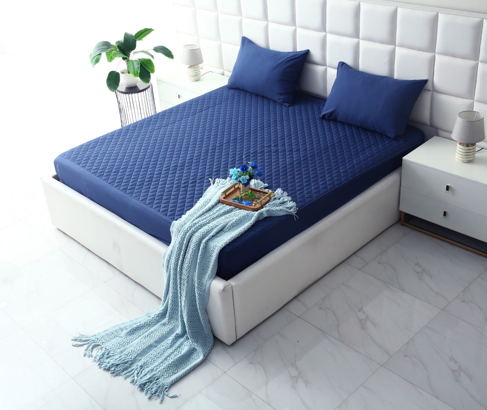 Quilted Waterproof Mattress Protector-Navy Blue Protectors Apricot
