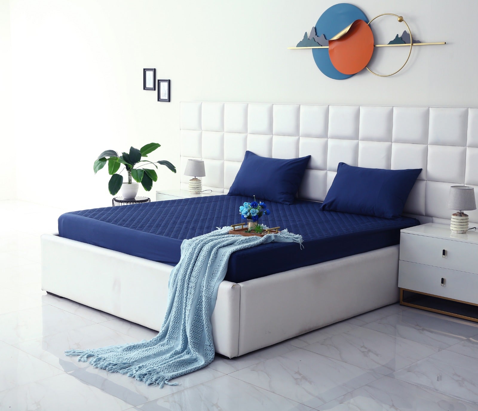 Quilted Waterproof Mattress Protector-Navy Blue Protectors Apricot