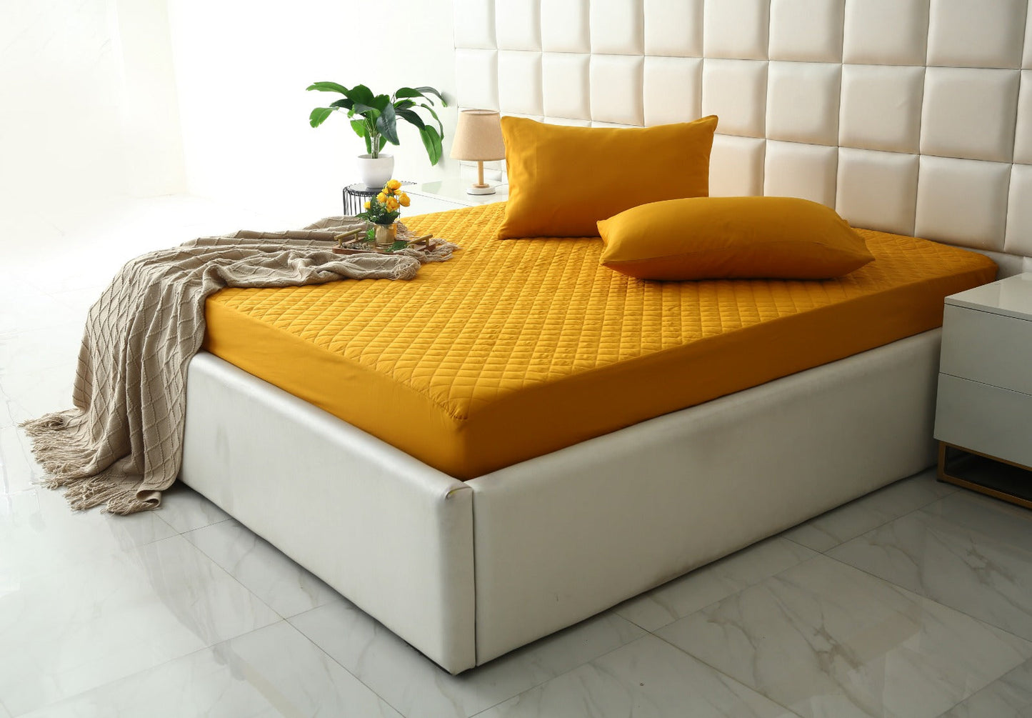 Quilted Waterproof Mattress Protector-Mustard Protectors Apricot
