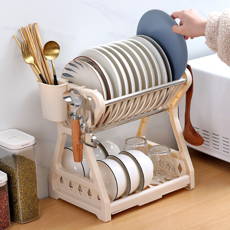 2-Tier-Dish Drying Rack & Utensil Holder(15254)-Beige Dish Rack Apricot