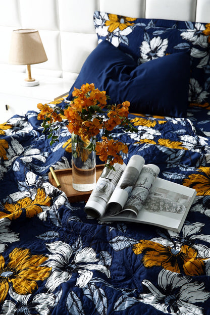 6 PCs Printed Bed Spread Set-White Flower Bed Spread Apricot