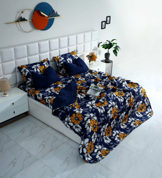 6 PCs Printed Bed Spread Set-White Flower Bed Spread Apricot
