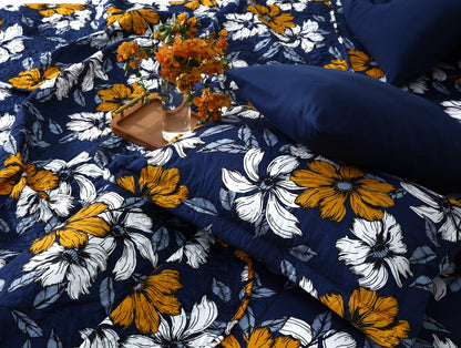 6 PCs Printed Bed Spread Set-White Flower Bed Spread Apricot