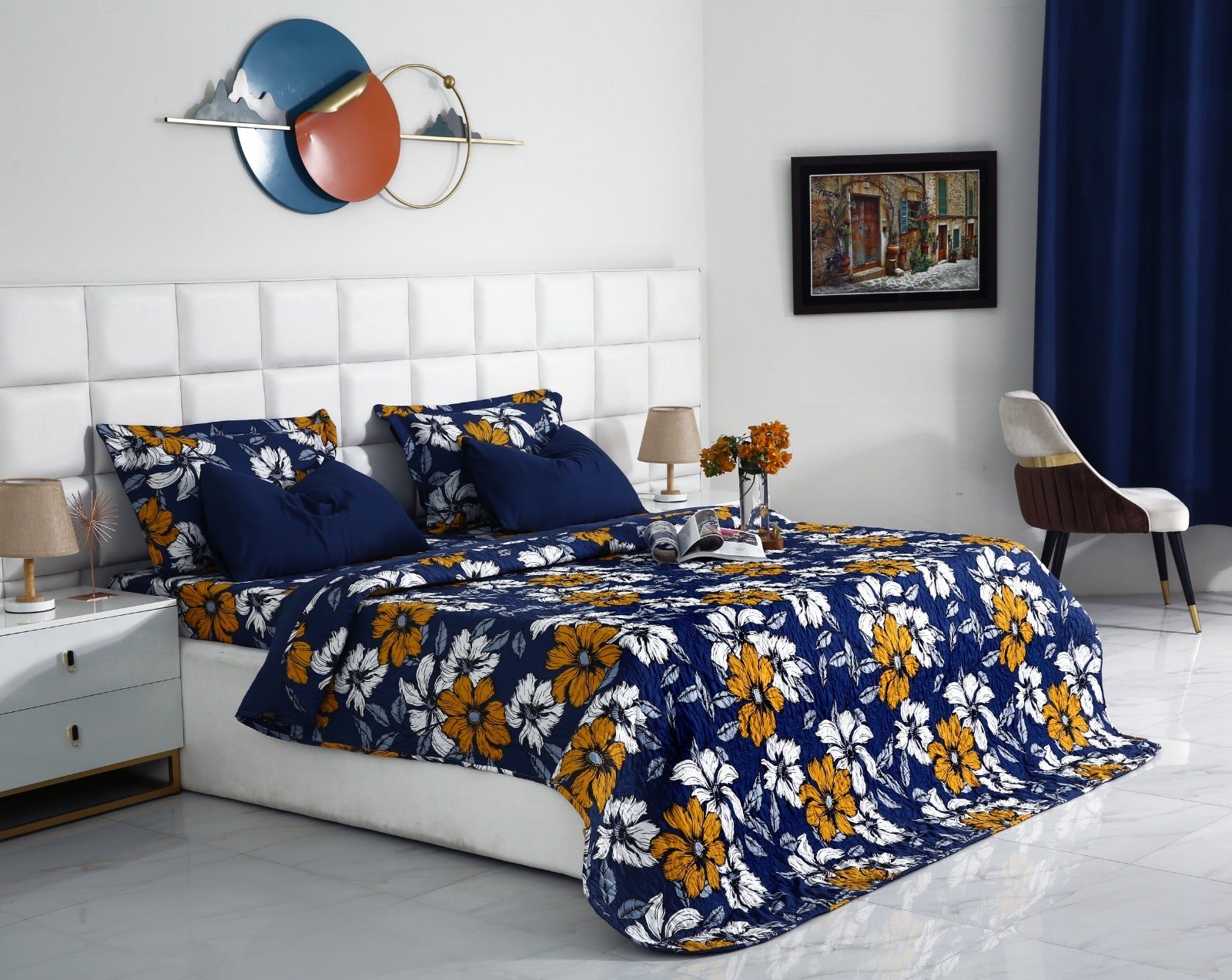 6 PCs Printed Bed Spread Set-White Flower Bed Spread Apricot