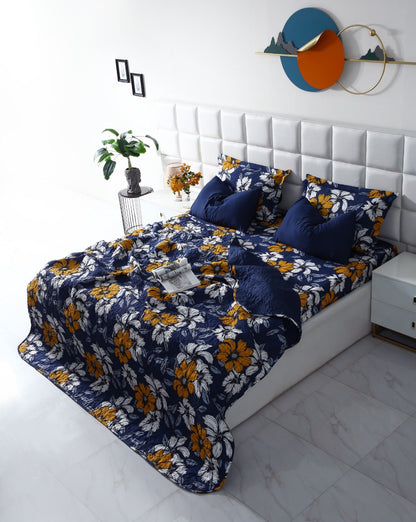 6 PCs Printed Bed Spread Set-White Flower Bed Spread Apricot