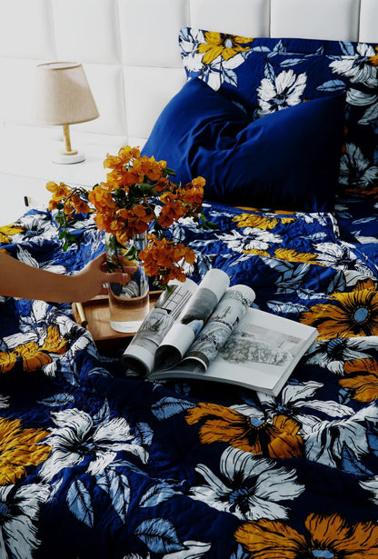 6 PCs Printed Bed Spread Set-White Flower Bed Spread Apricot