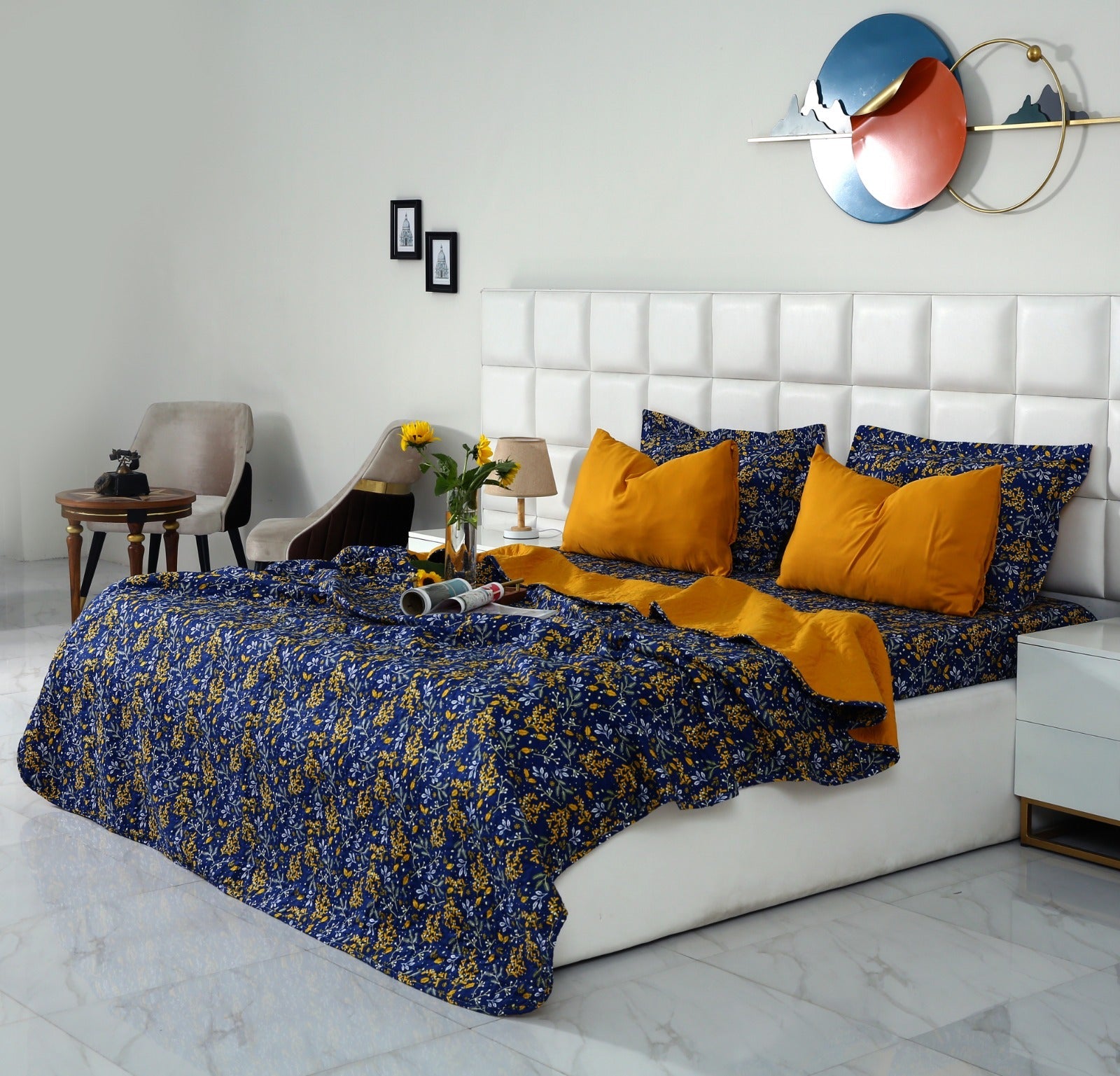 6 PCs Printed Bed Spread Set-Daffodil Bed Spread Apricot