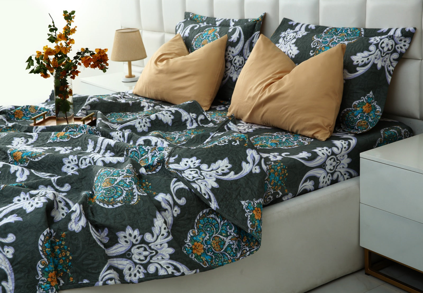 6 PCs Printed Bed Spread Set-Medallion Gold Bed Spread Apricot