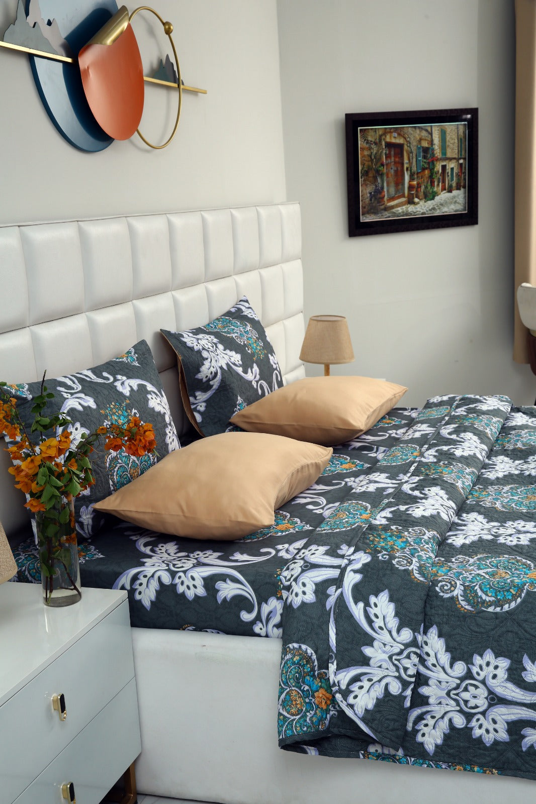 6 PCs Printed Bed Spread Set-Medallion Gold Bed Spread Apricot