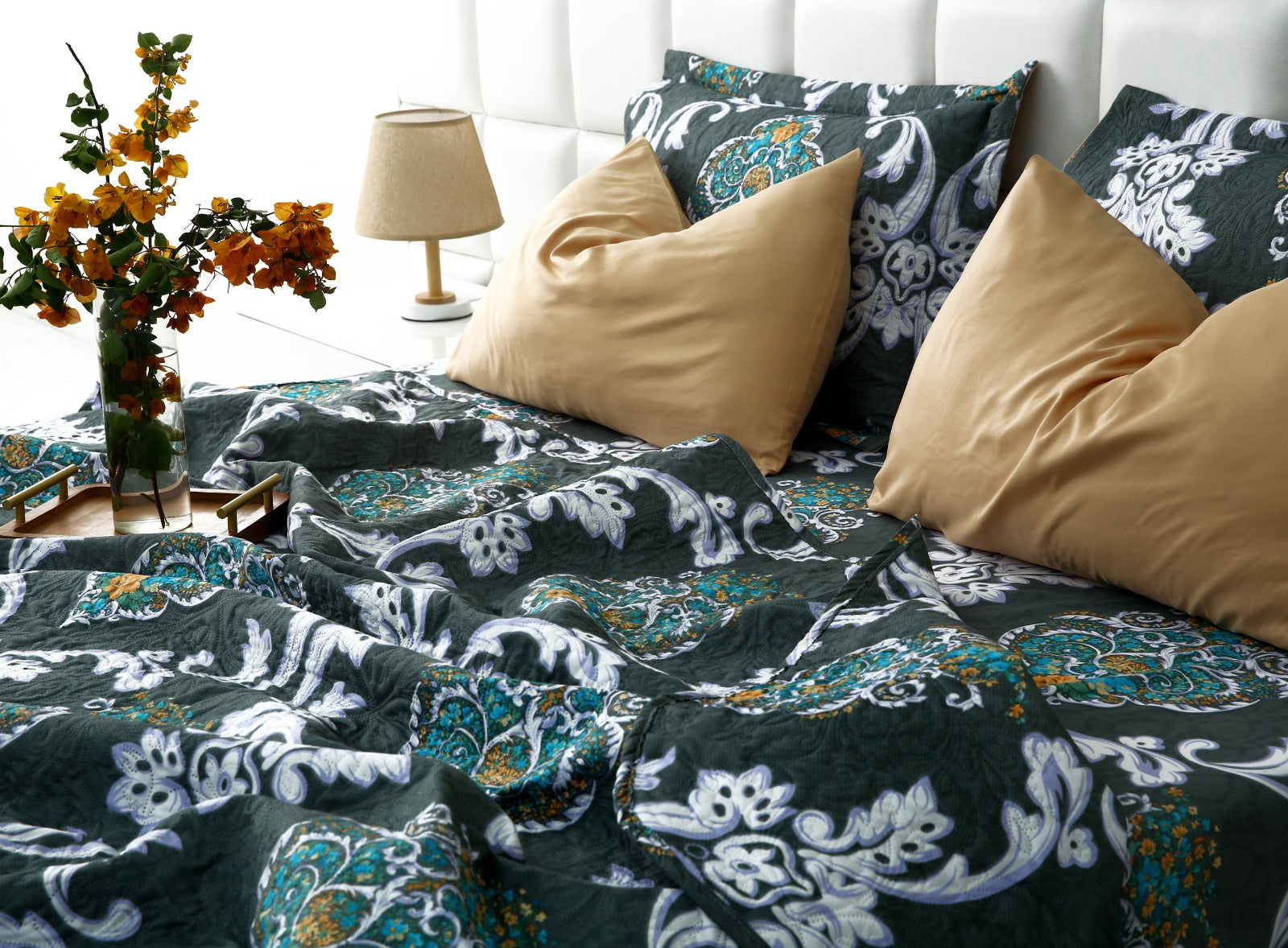 6 PCs Printed Bed Spread Set-Medallion Gold Bed Spread Apricot