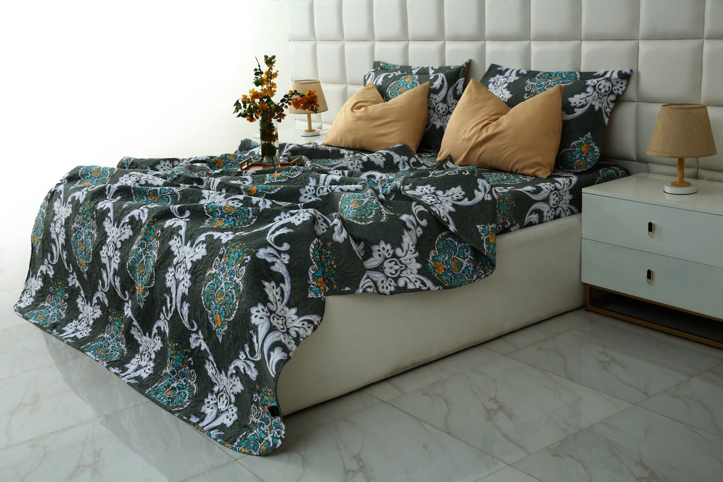 6 PCs Printed Bed Spread Set-Medallion Gold Bed Spread Apricot