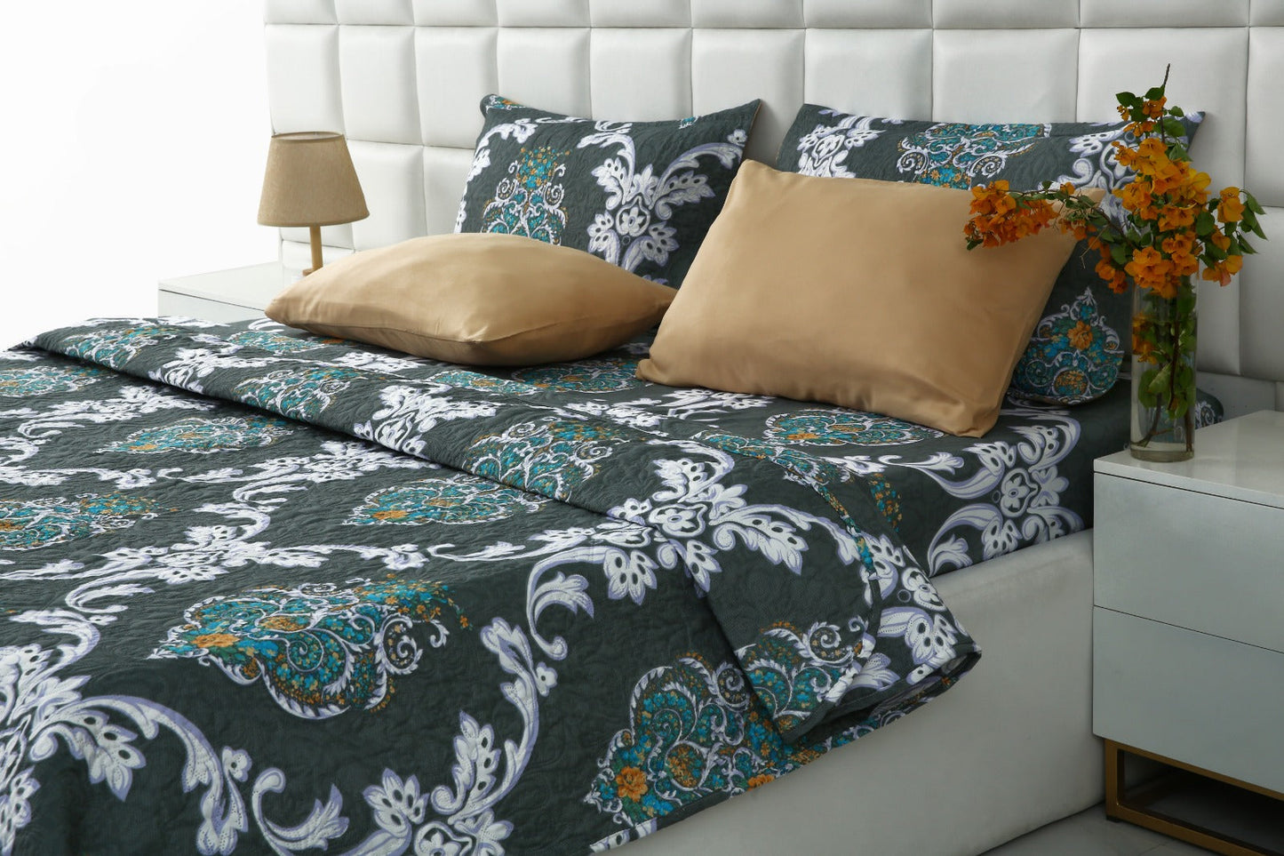 6 PCs Printed Bed Spread Set-Medallion Gold Bed Spread Apricot