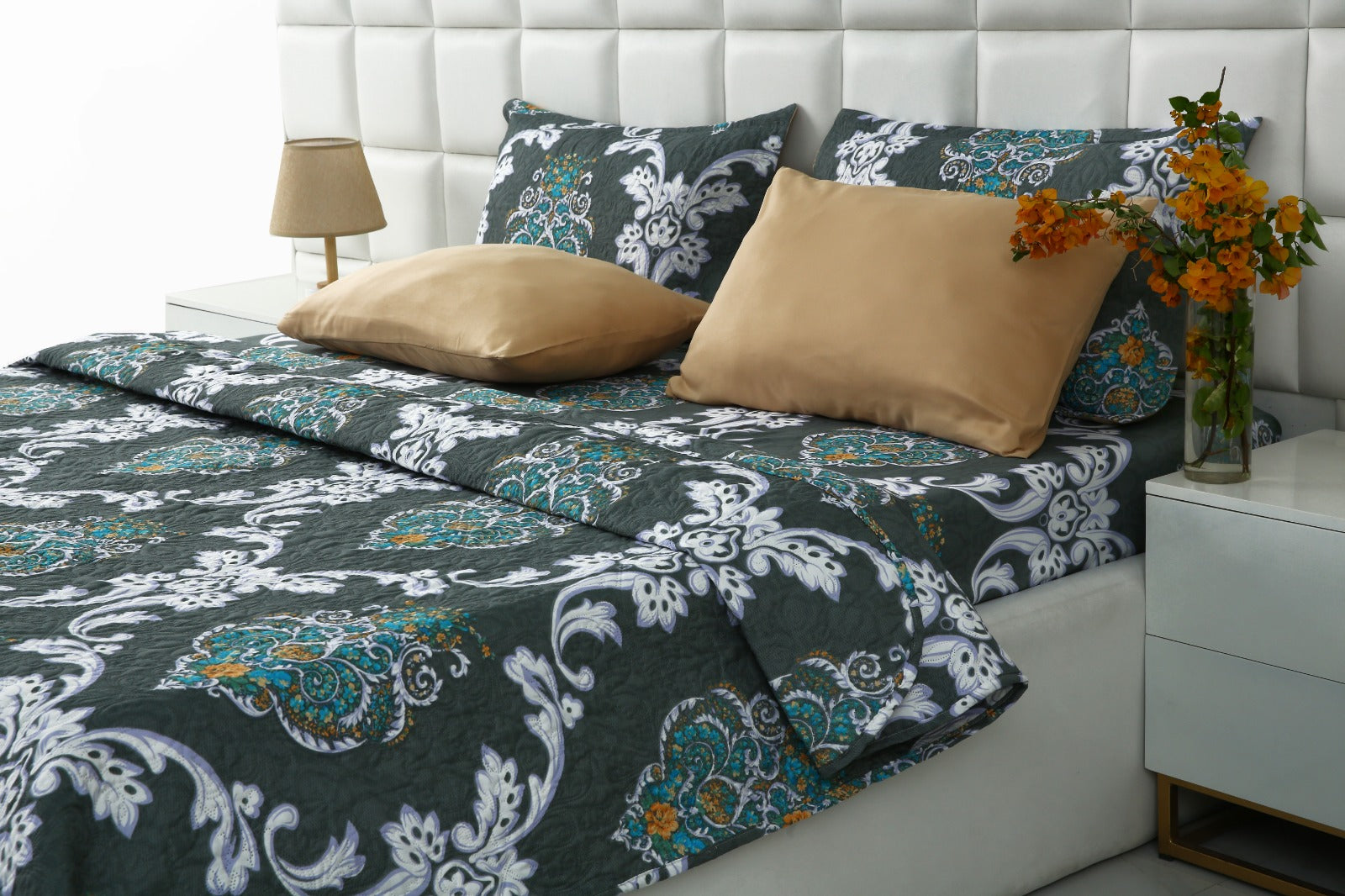 6 PCs Printed Bed Spread Set-Medallion Gold Bed Spread Apricot