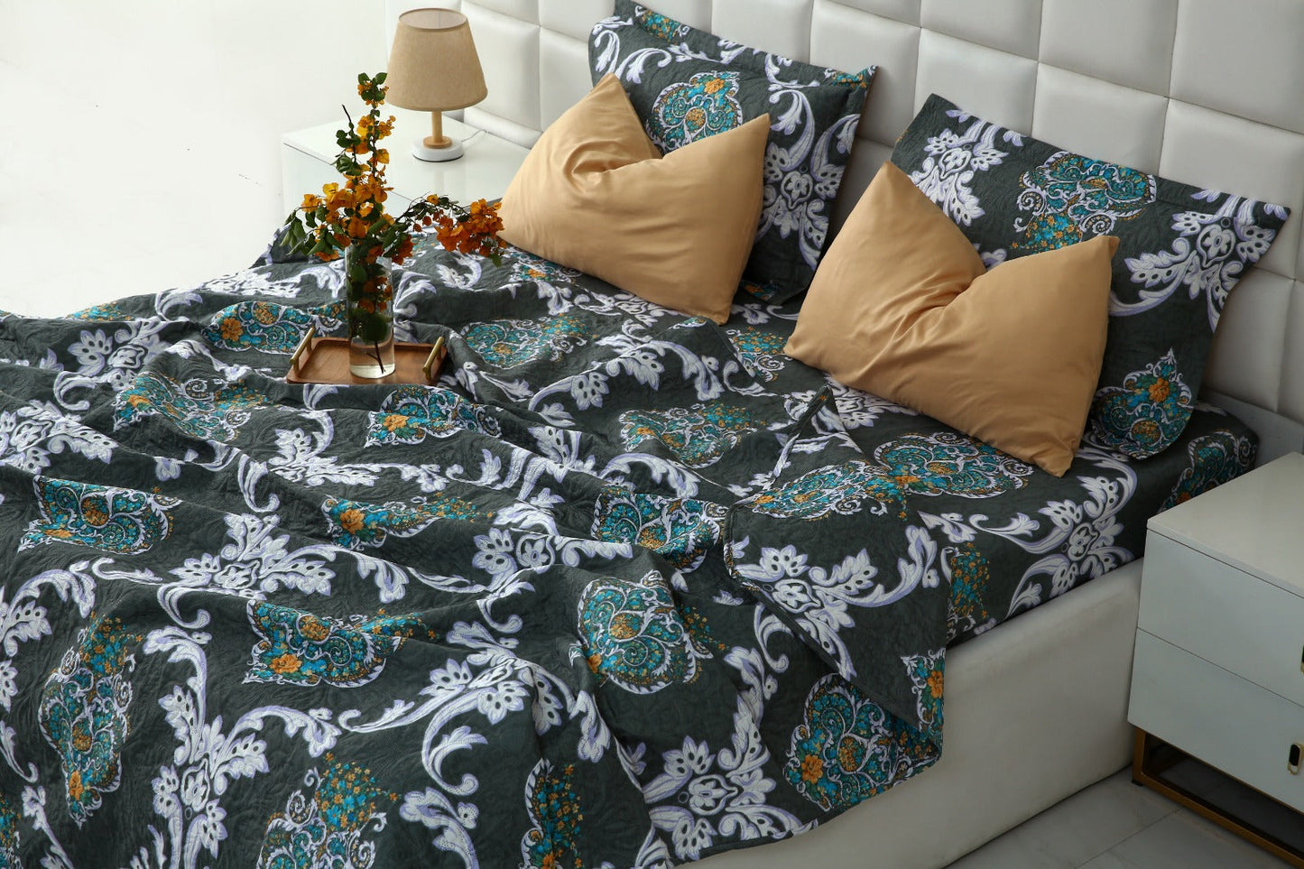6 PCs Printed Bed Spread Set-Medallion Gold Bed Spread Apricot