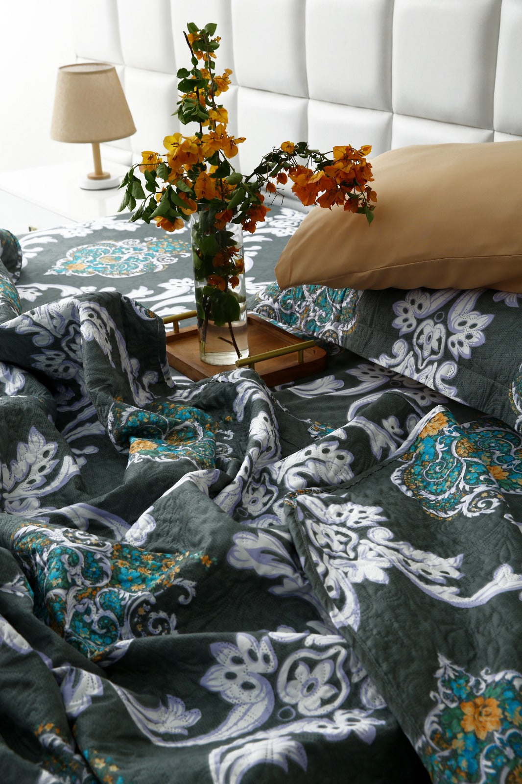 6 PCs Printed Bed Spread Set-Medallion Gold Bed Spread Apricot