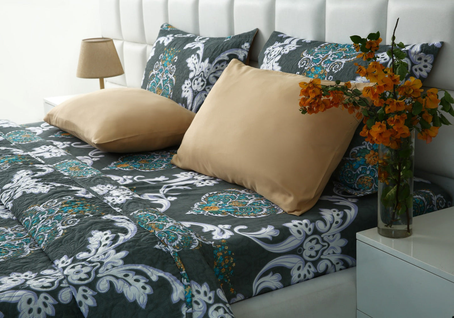 6 PCs Printed Bed Spread Set-Medallion Gold Bed Spread Apricot