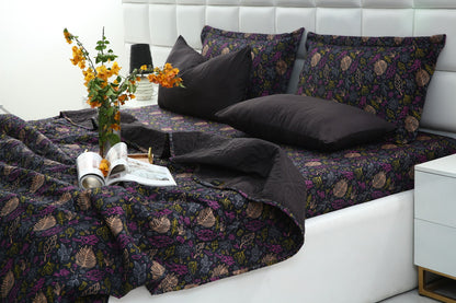 6 PCs Printed Bed Spread Set-Black Lily Bed Spread Apricot