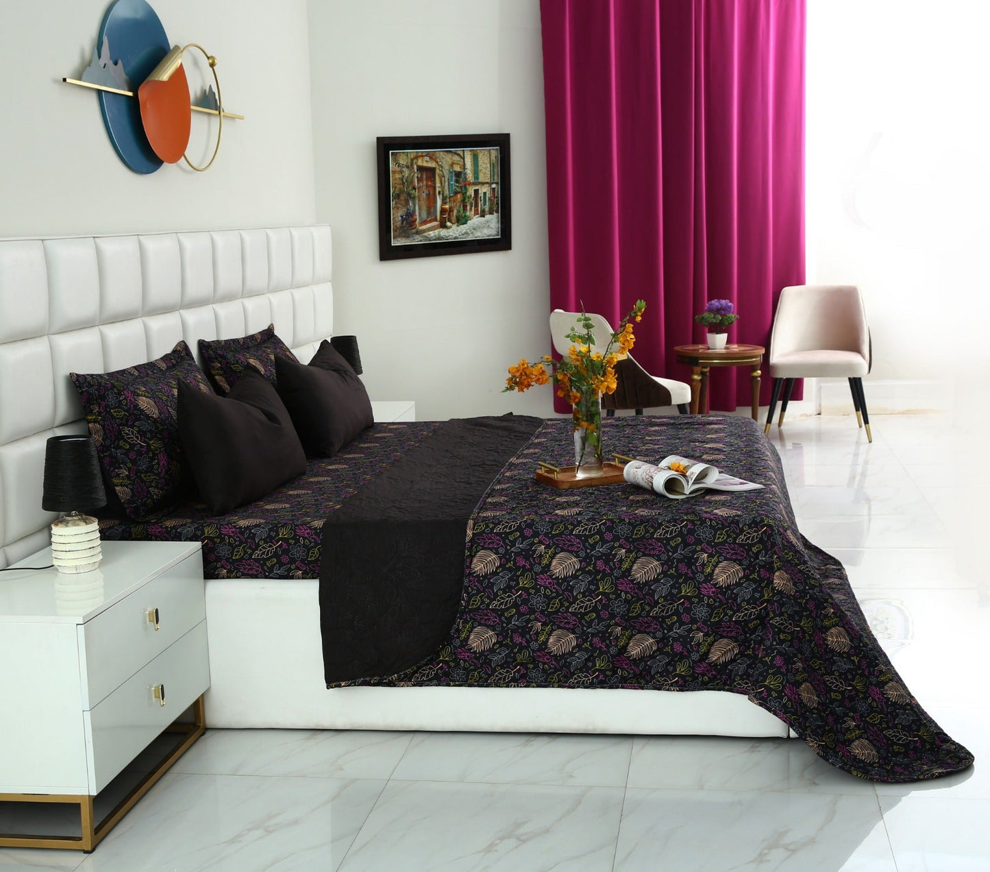 6 PCs Printed Bed Spread Set-Black Lily Bed Spread Apricot