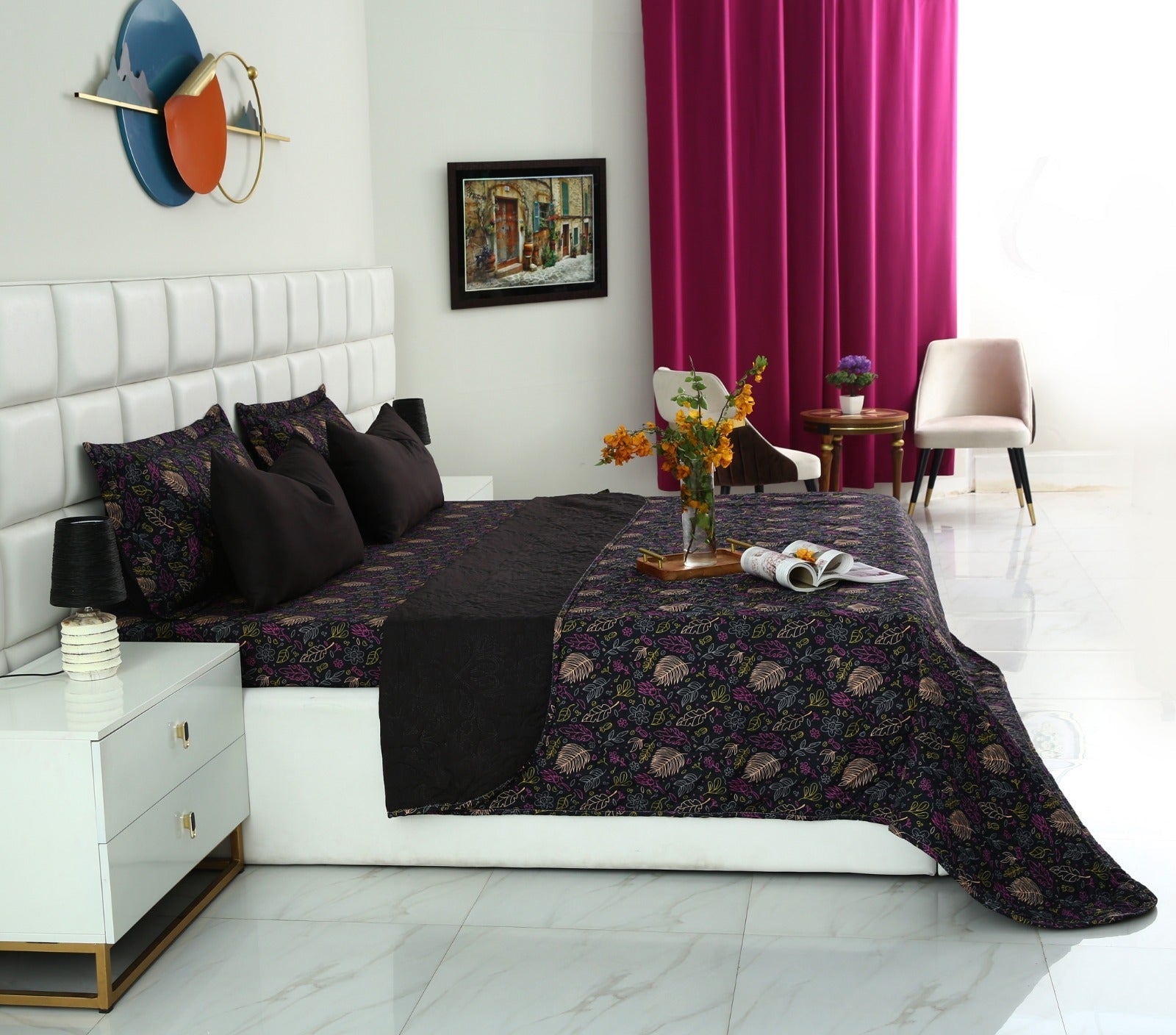 6 PCs Printed Bed Spread Set-Black Lily Bed Spread Apricot