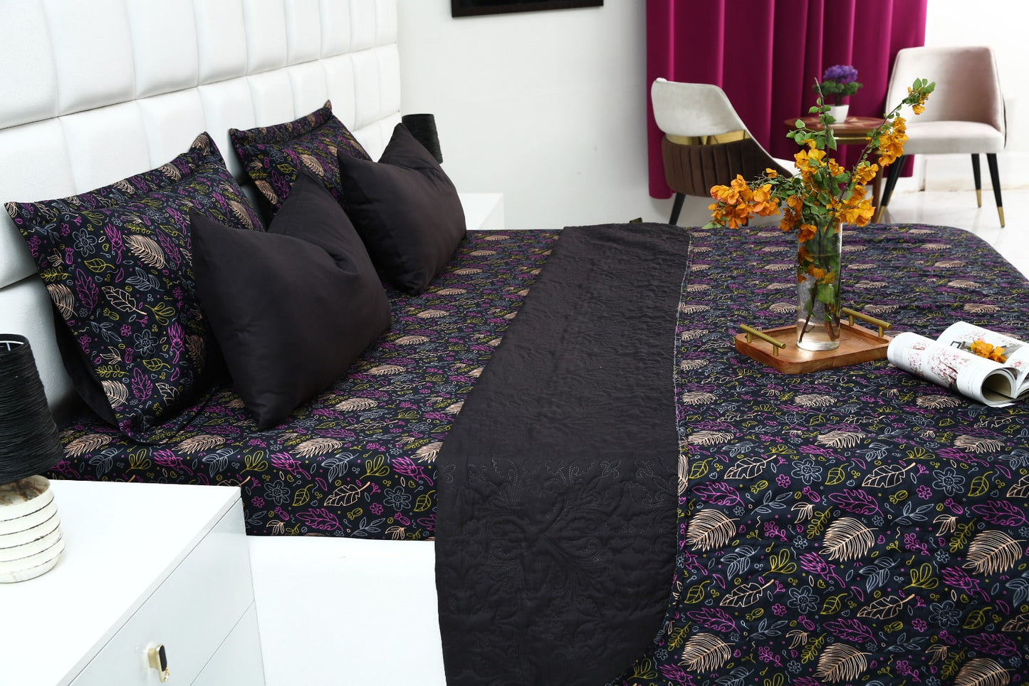 6 PCs Printed Bed Spread Set-Black Lily Bed Spread Apricot