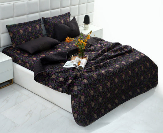 6 PCs Printed Bed Spread Set-Black Lily Bed Spread Apricot