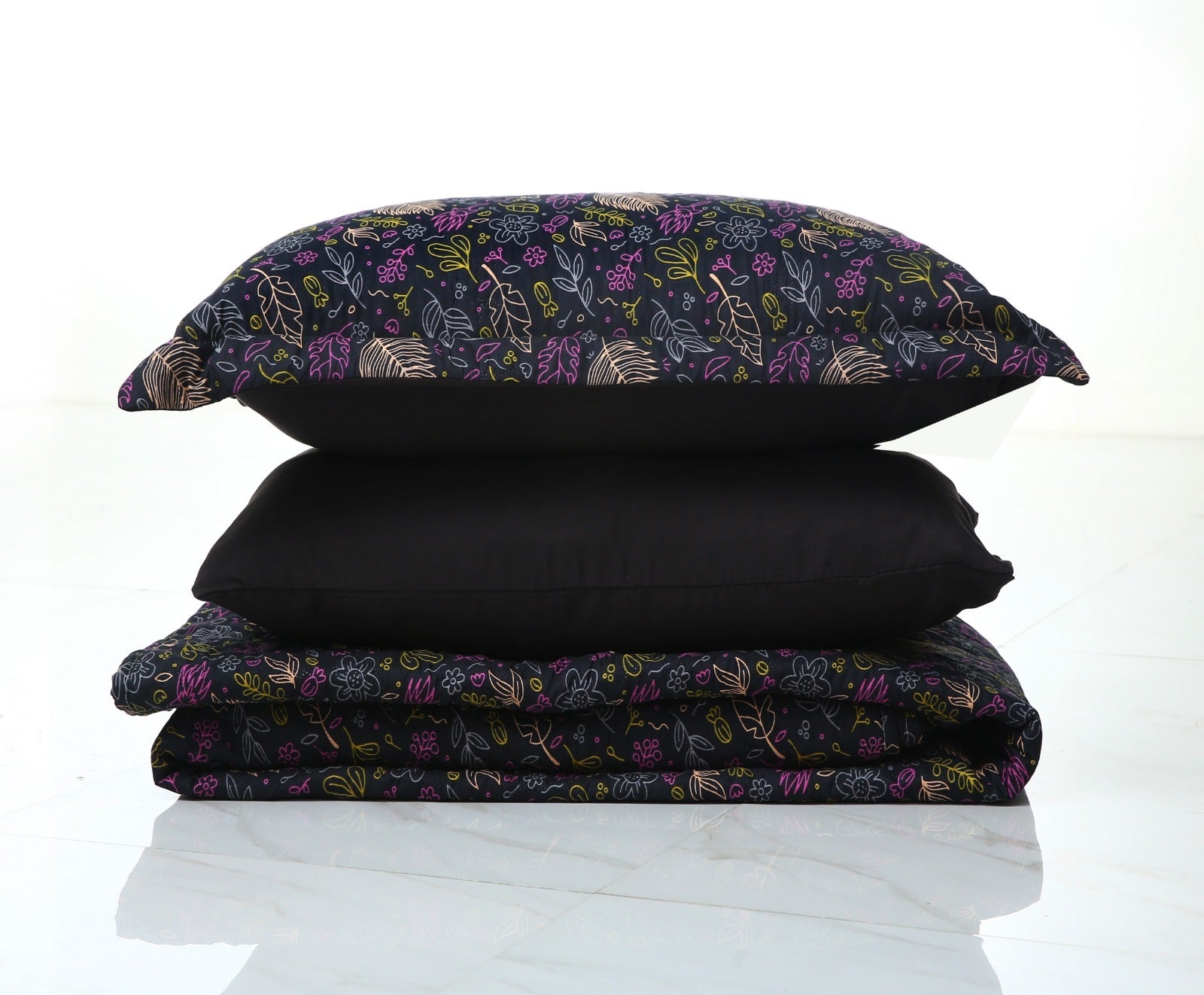 6 PCs Printed Bed Spread Set-Black Lily Bed Spread Apricot