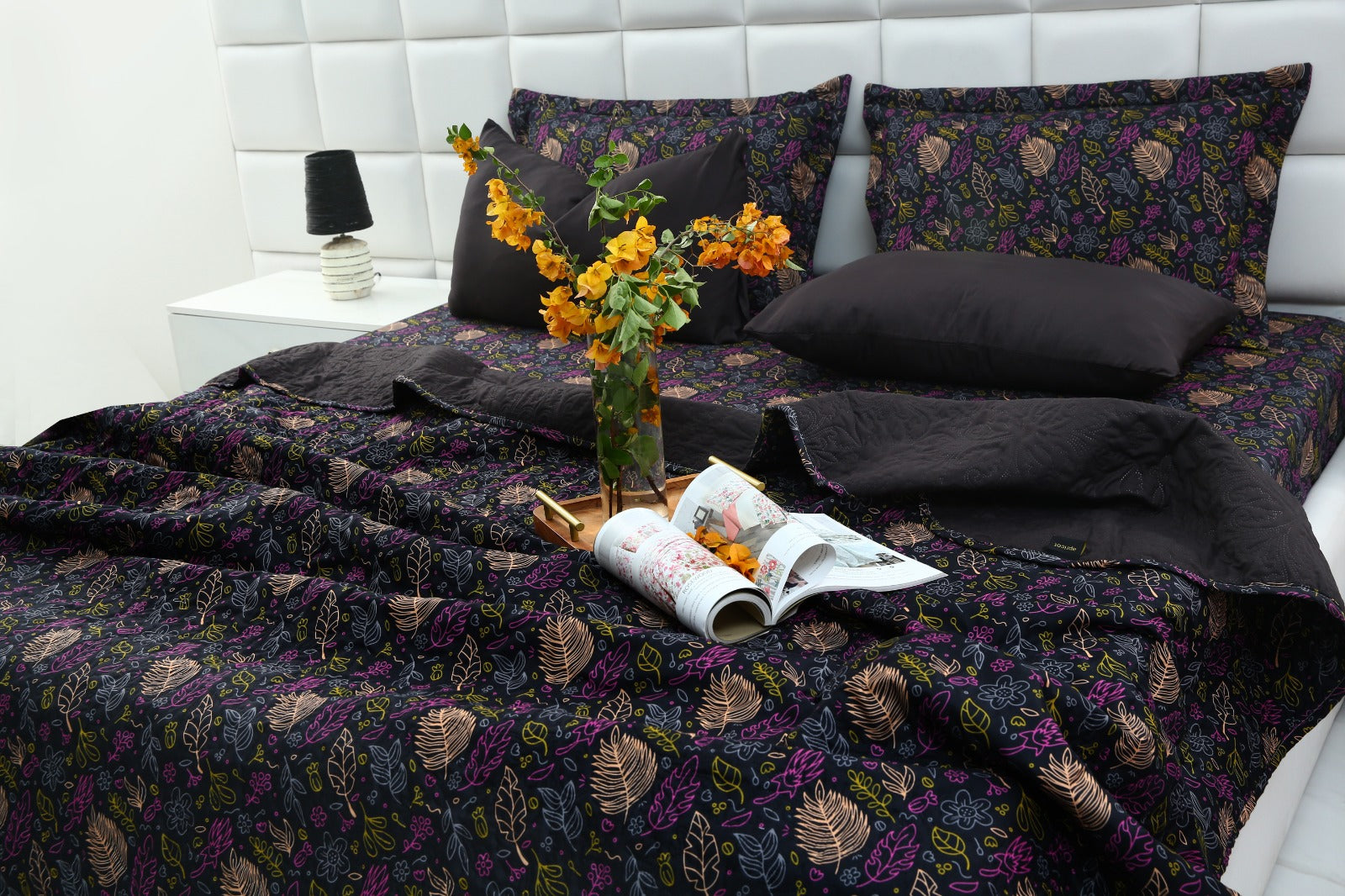 6 PCs Printed Bed Spread Set-Black Lily Bed Spread Apricot