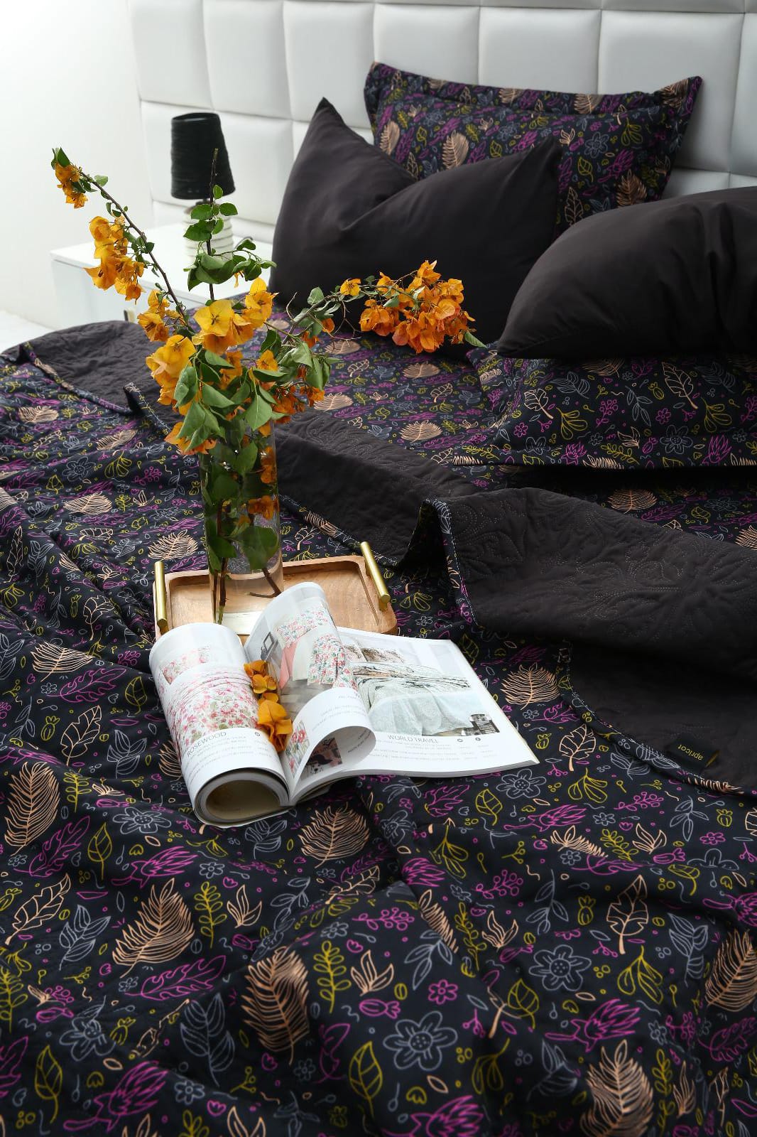 6 PCs Printed Bed Spread Set-Black Lily Bed Spread Apricot