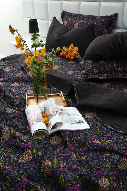 6 PCs Printed Bed Spread Set-Black Lily Bed Spread Apricot