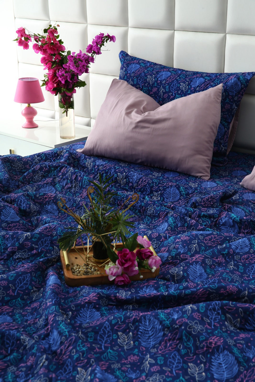 6 PCs Printed Bed Spread Set-Blue Lilly Bed Spread Apricot