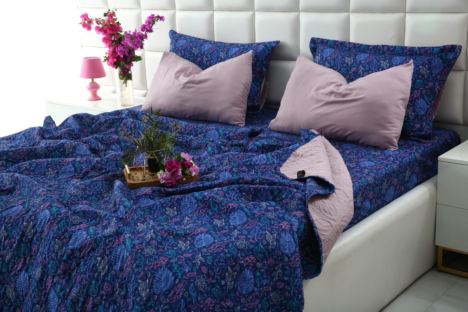 6 PCs Printed Bed Spread Set-Blue Lilly Bed Spread Apricot