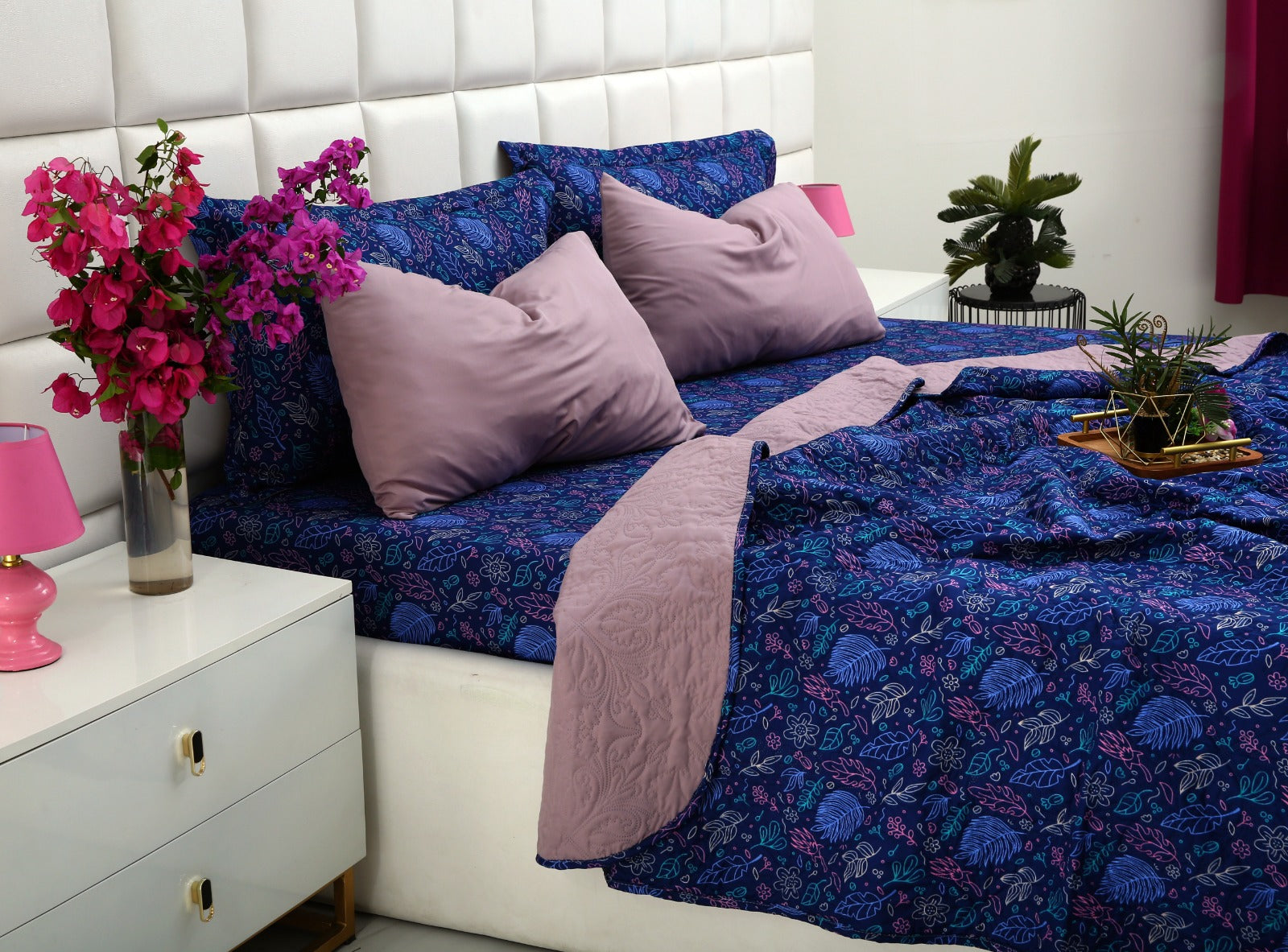 6 PCs Printed Bed Spread Set-Blue Lilly Bed Spread Apricot