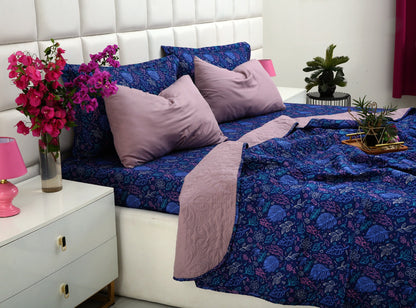6 PCs Printed Bed Spread Set-Blue Lilly Bed Spread Apricot