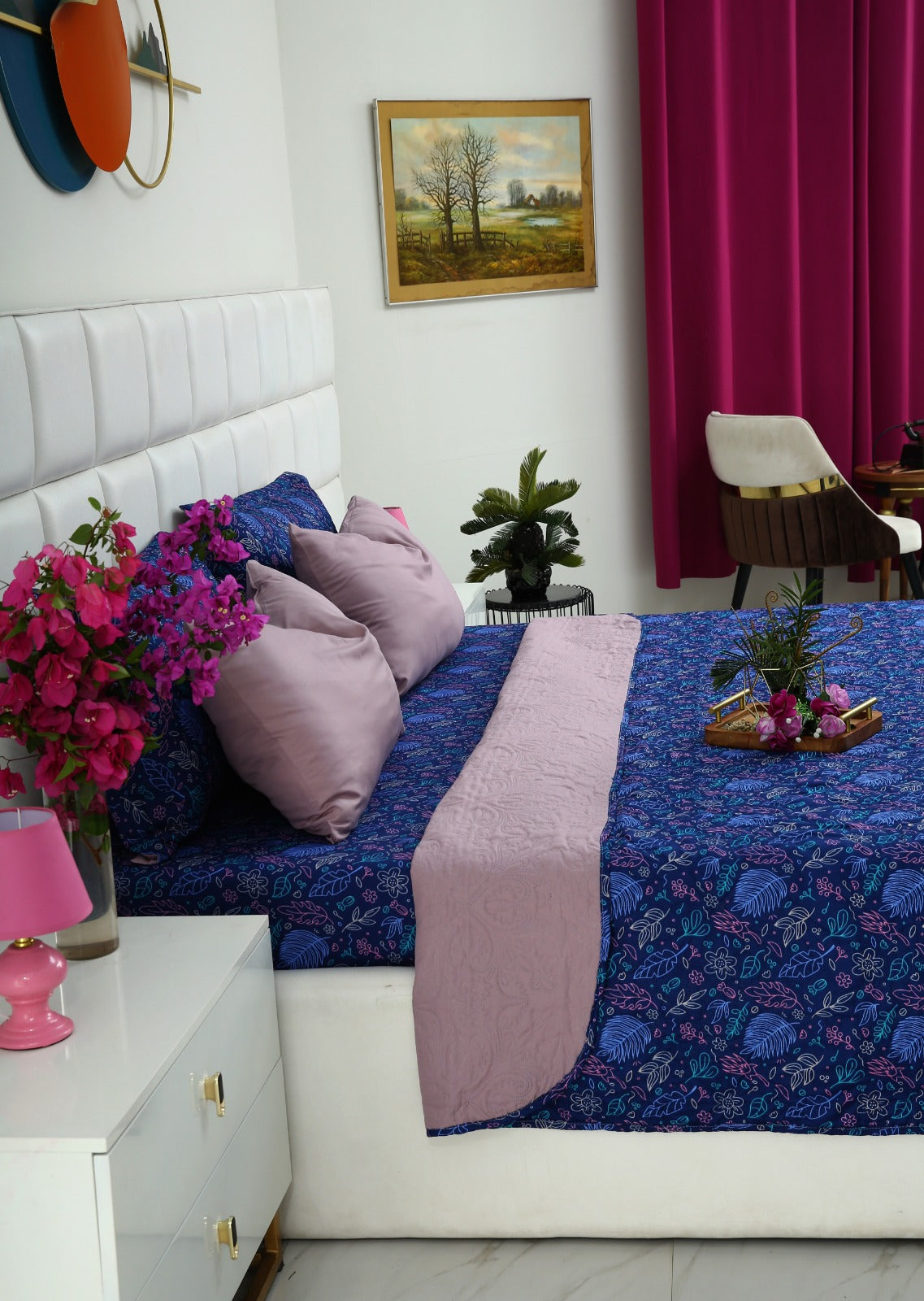 6 PCs Printed Bed Spread Set-Blue Lilly Bed Spread Apricot