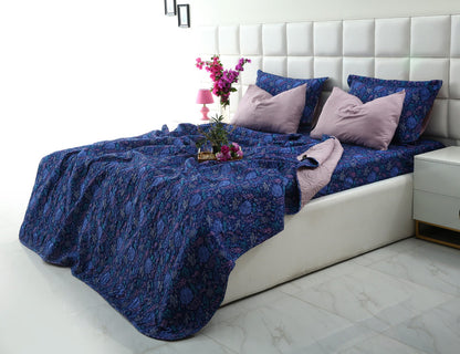 6 PCs Printed Bed Spread Set-Blue Lilly Bed Spread Apricot