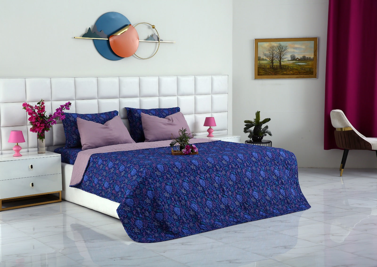 6 PCs Printed Bed Spread Set-Blue Lilly Bed Spread Apricot