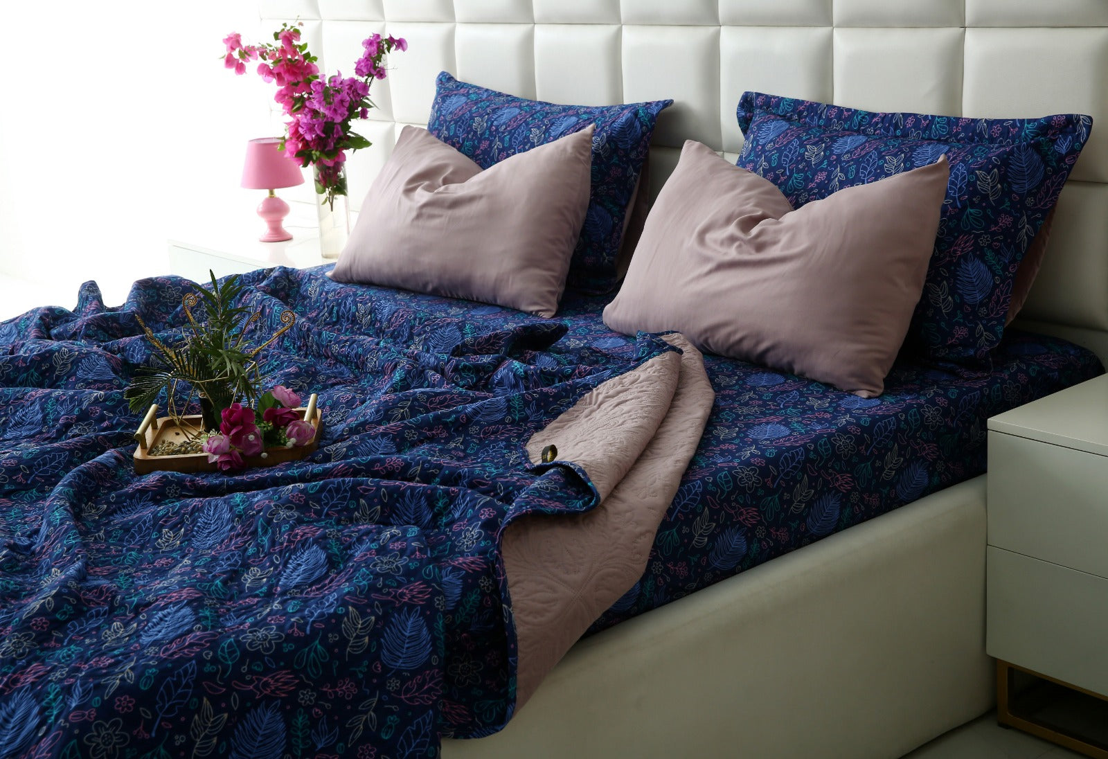 6 PCs Printed Bed Spread Set-Blue Lilly Bed Spread Apricot