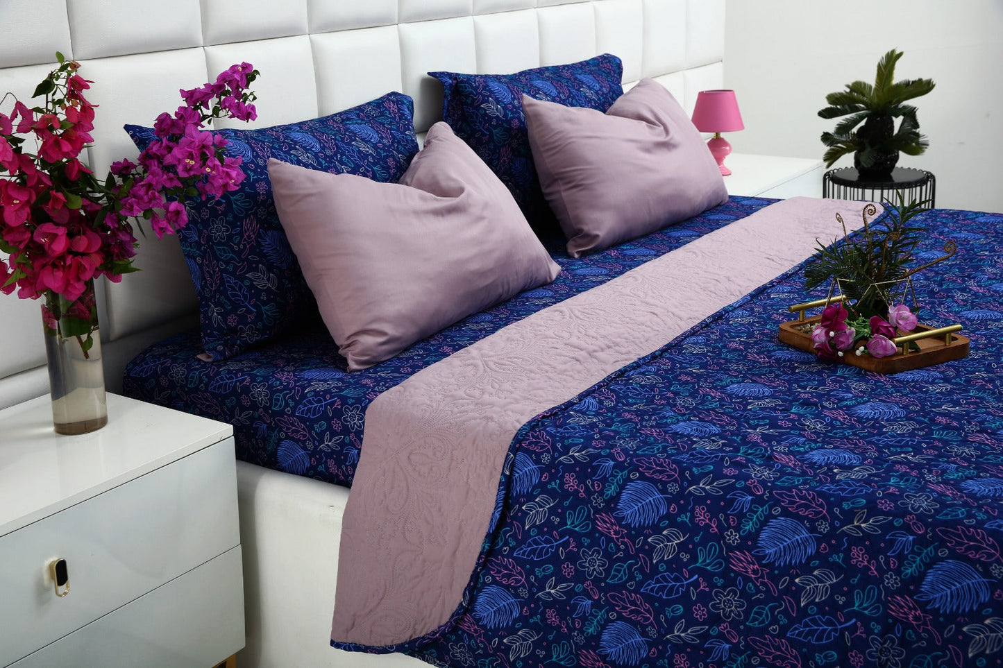 6 PCs Printed Bed Spread Set-Blue Lilly Bed Spread Apricot