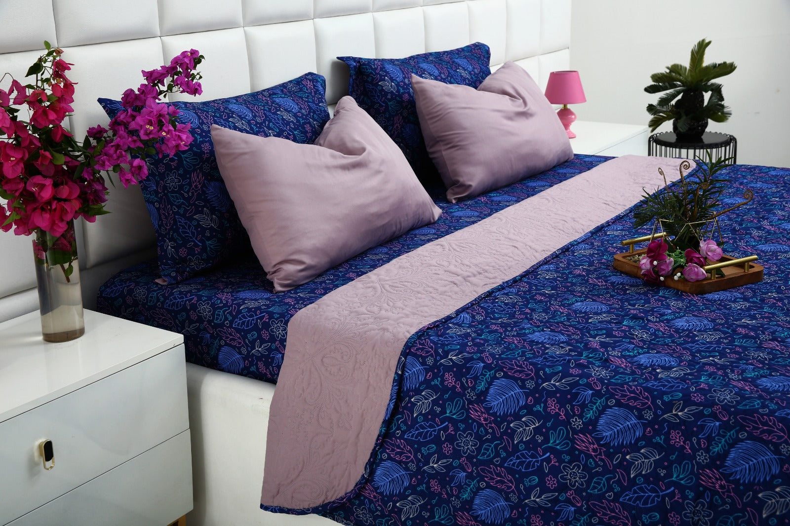 6 PCs Printed Bed Spread Set-Blue Lilly Bed Spread Apricot