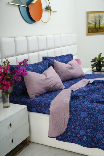 6 PCs Printed Bed Spread Set-Blue Lilly Bed Spread Apricot