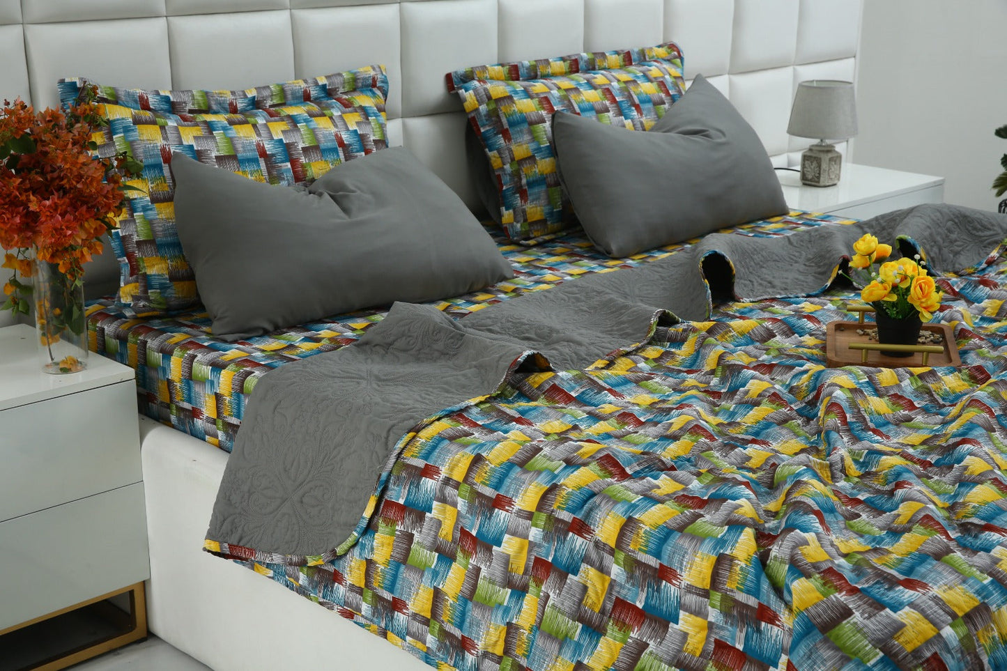 6 PCs Printed Bed Spread Set-Multi Ombre Bed Spread Apricot